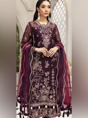 Embroidered Deep Plum Long-Sleeve Maxi Dress with Sheer Sleeves bust 40